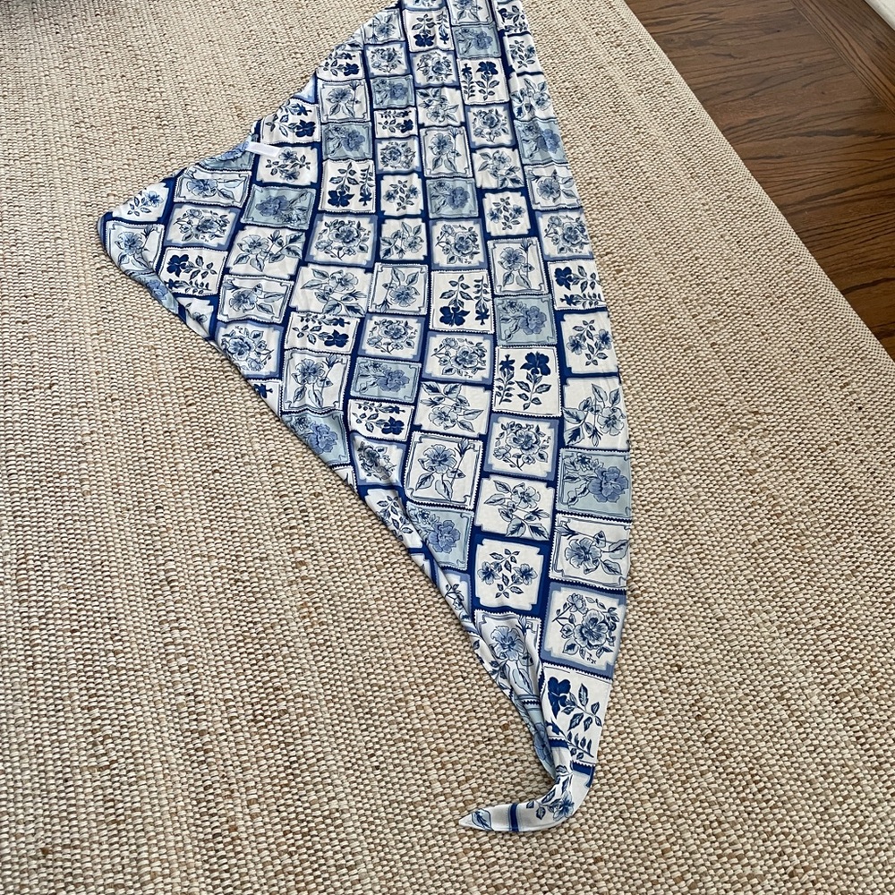 Blue and White Floral Tile Print Triangle Scarf - Women